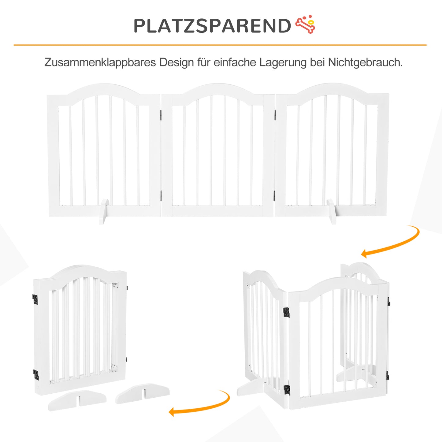 PawHut Absperrgitter Hund 3-teilig, 154,5 x 61 cm Faltbar Hundegitter mit Tür, Türschutzgitter mit 2 Stützfüßen, Freistehend Treppengitter für Küche, Flur, Weiß