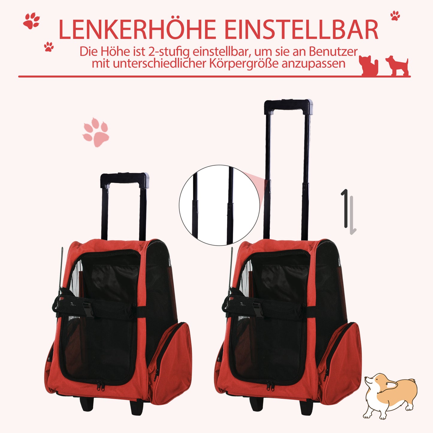 Pawhut Hundetransporttasche, Haustierrucksack, 2-in-1-Design, ausziehbarer Griff, Seitentaschen, Rot, 42 x 25 x 55cm