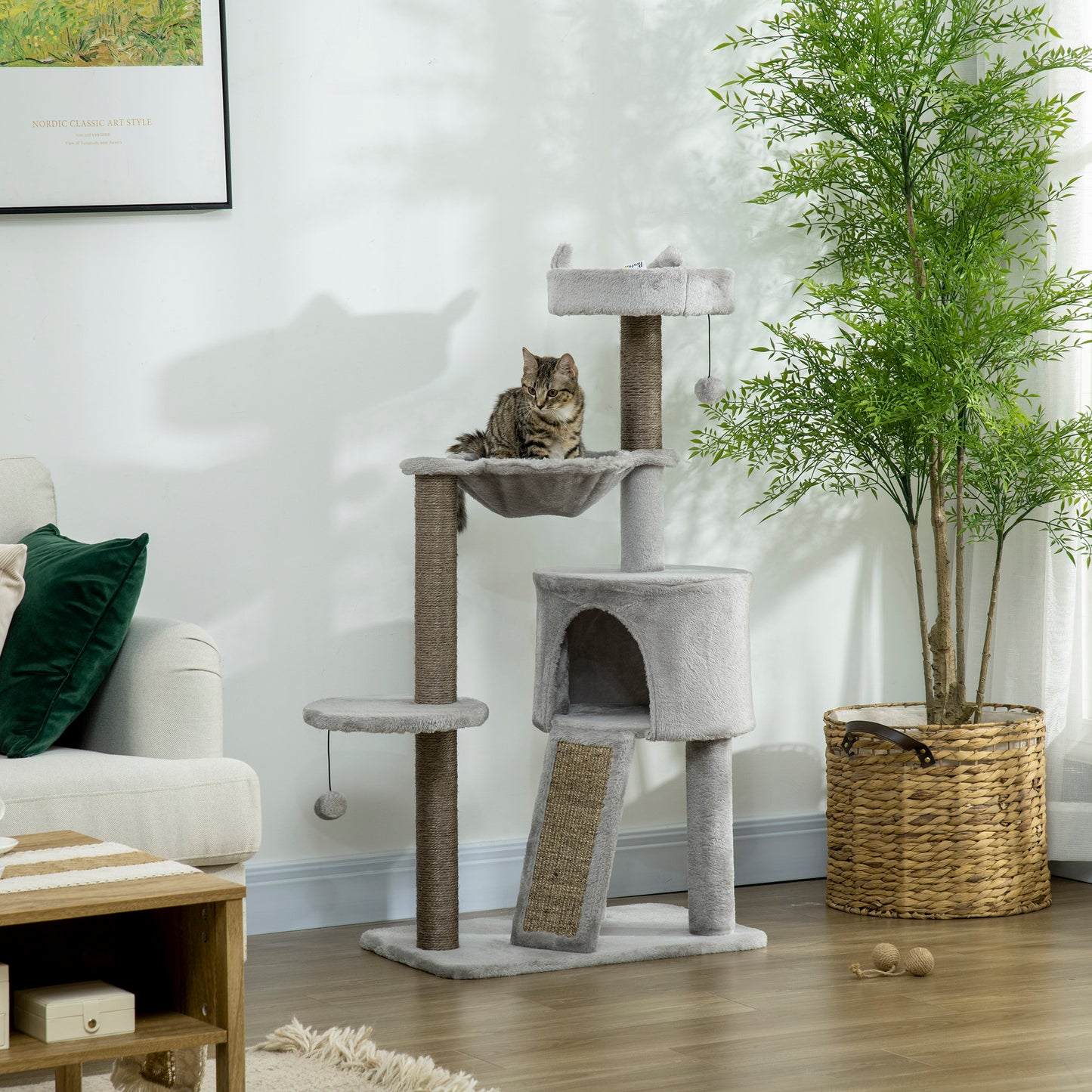 Pawhut Kratzbaum inkl. Katzenhöhle, Katzenbett, Katzenhängematte und Spielzeug 60 cm x 40 cm x 113 cm, Hellgrau