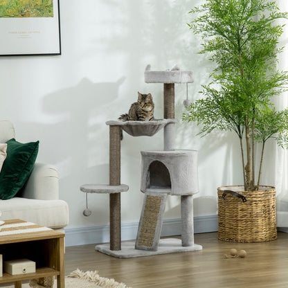 Pawhut Kratzbaum inkl. Katzenhöhle, Katzenbett, Katzenhängematte und Spielzeug 60 cm x 40 cm x 113 cm, Hellgrau
