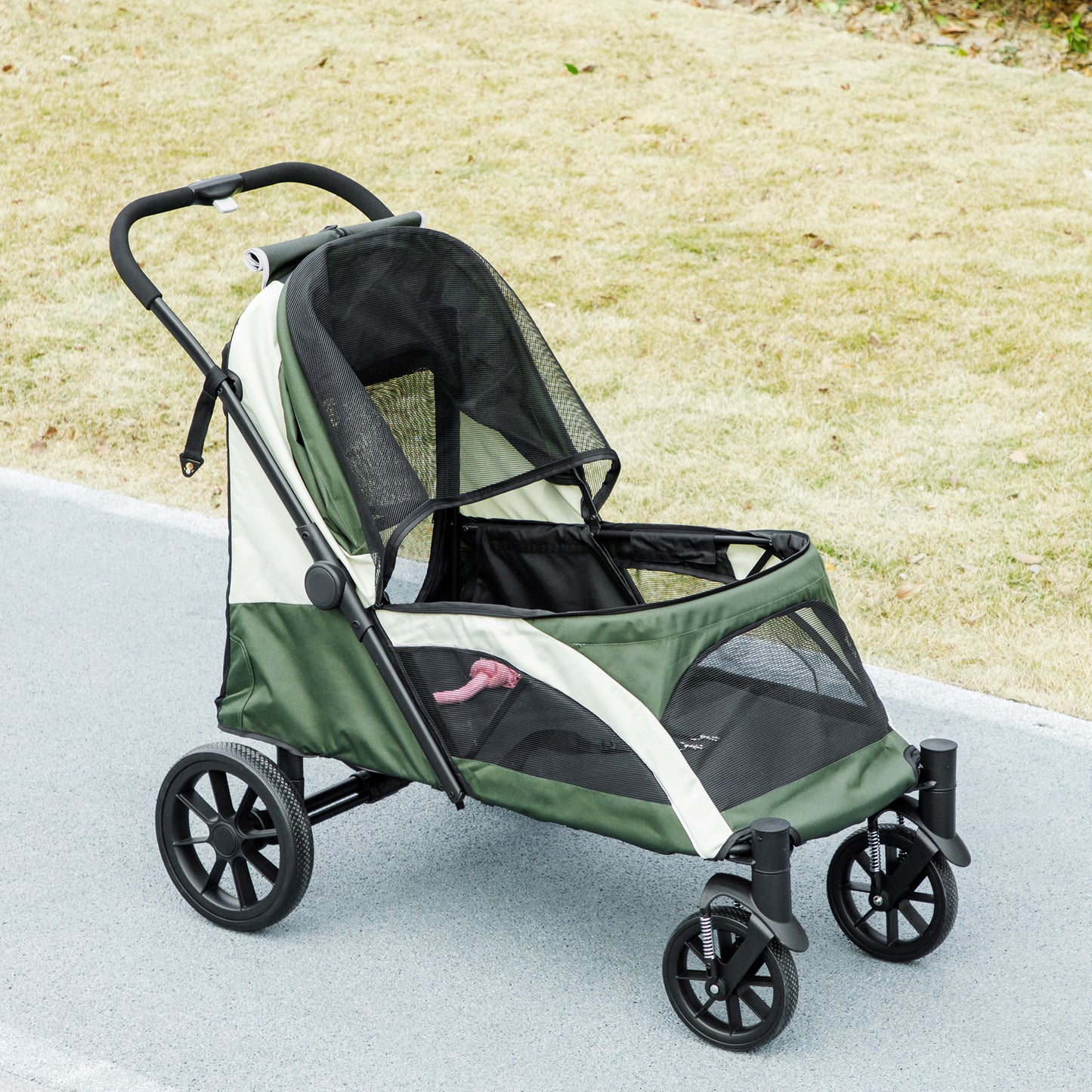 PawHut Hundewagen, Faltbarer Hundebuggy für große Hunde, Haustierwagen mit 4 Rädern, Sicherheitsleinen, Bremsen, Dunkelgrün