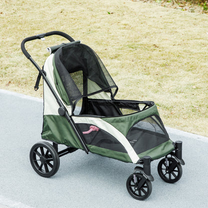 PawHut Hundewagen, Faltbarer Hundebuggy für große Hunde, Haustierwagen mit 4 Rädern, Sicherheitsleinen, Bremsen, Dunkelgrün