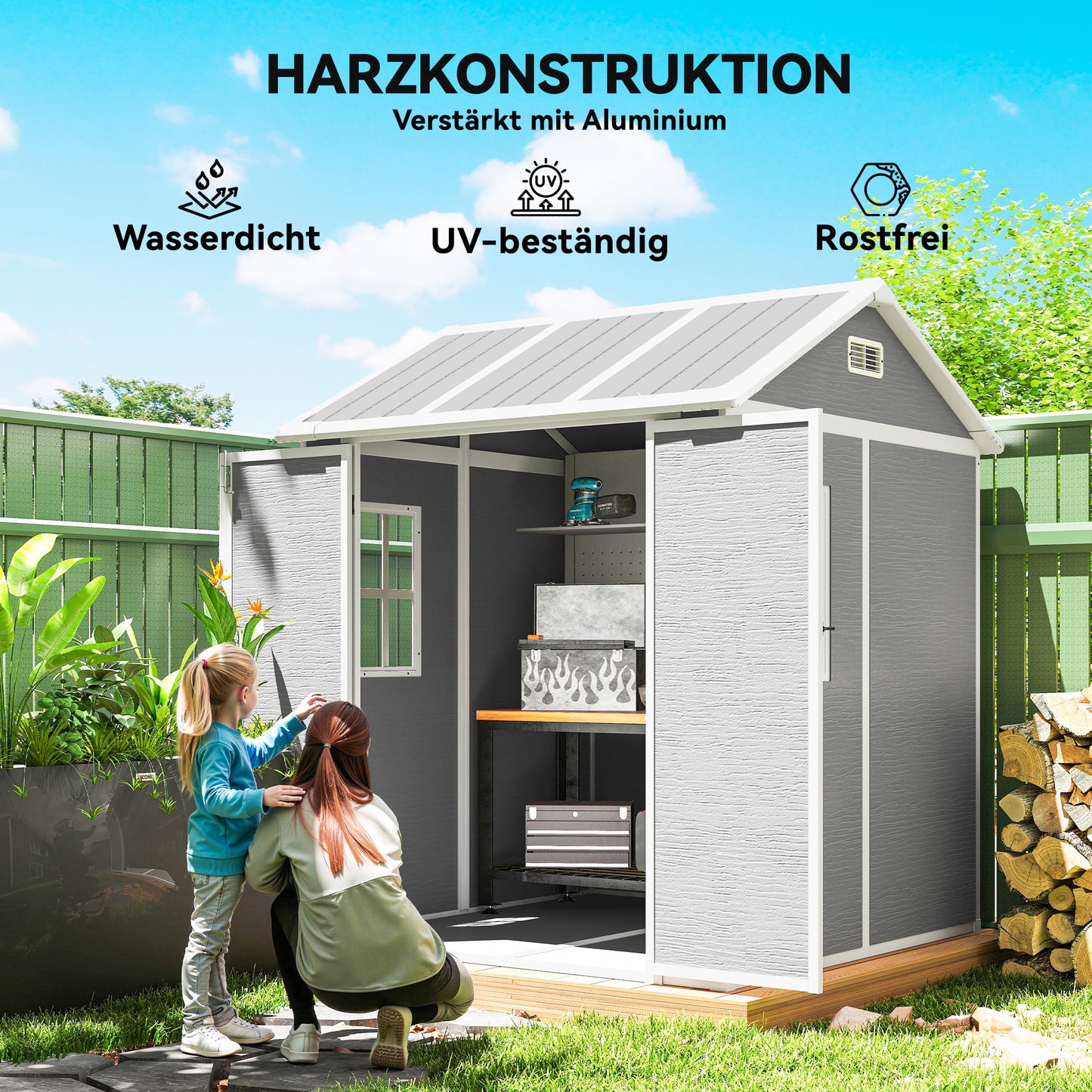 Outsunny Gartenhaus, Gartenschuppen mit Fenster, verschließbare Tür, Kunststoff, Grau