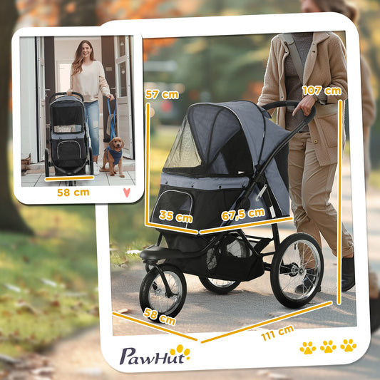 PawHut Hundewagen Hundetrolley mit Jogger-Funktion bis 20 kg Klappbar Netzfenster, Ablagekorb, Grau, 111 x 58 x 107 cm