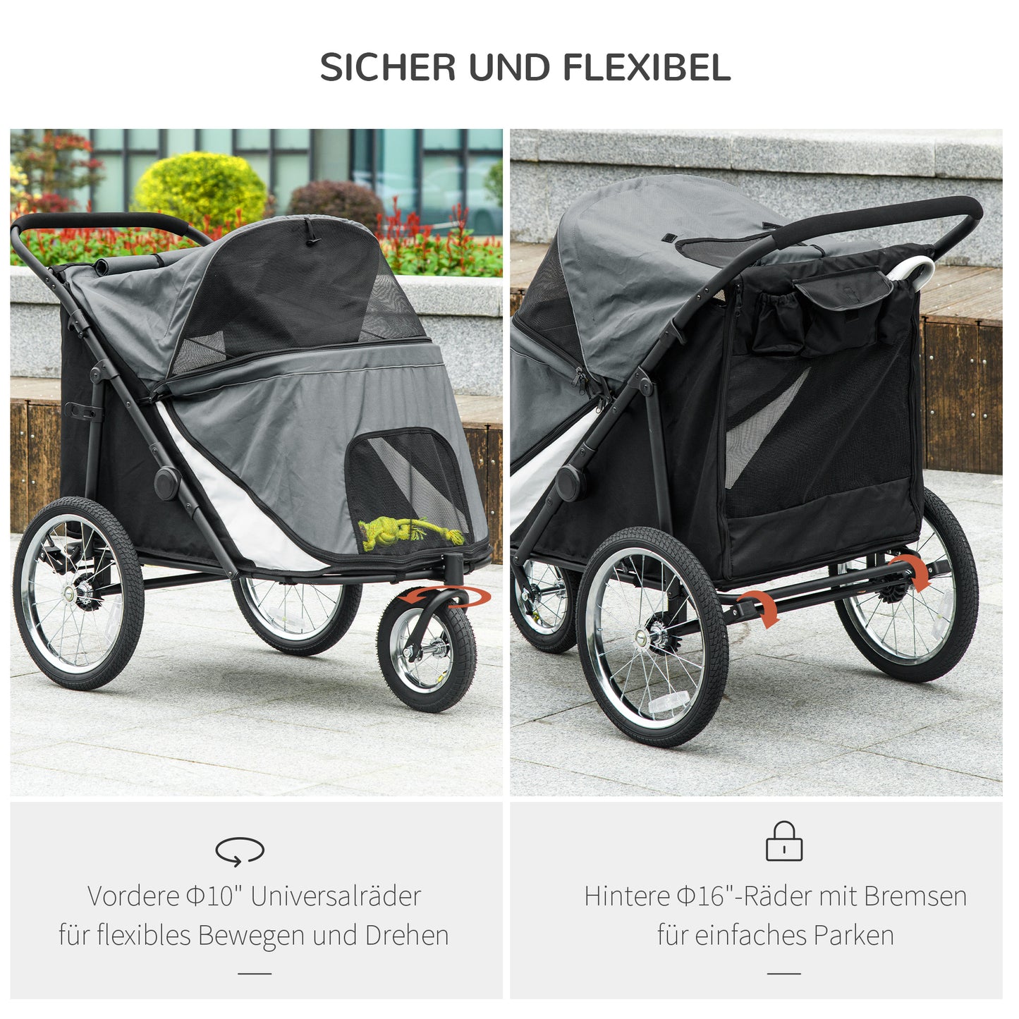 PawHut Hundebuggy, faltbar, aufklappbar, Liegekissen, Stahlrahmen, Grau/Schwarz