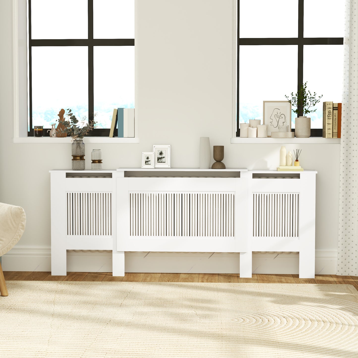 HOMCOM Heizkörperverkleidung, Lamellendesign, verstellbare Länge 125-201 cm, MDF, Weiß
