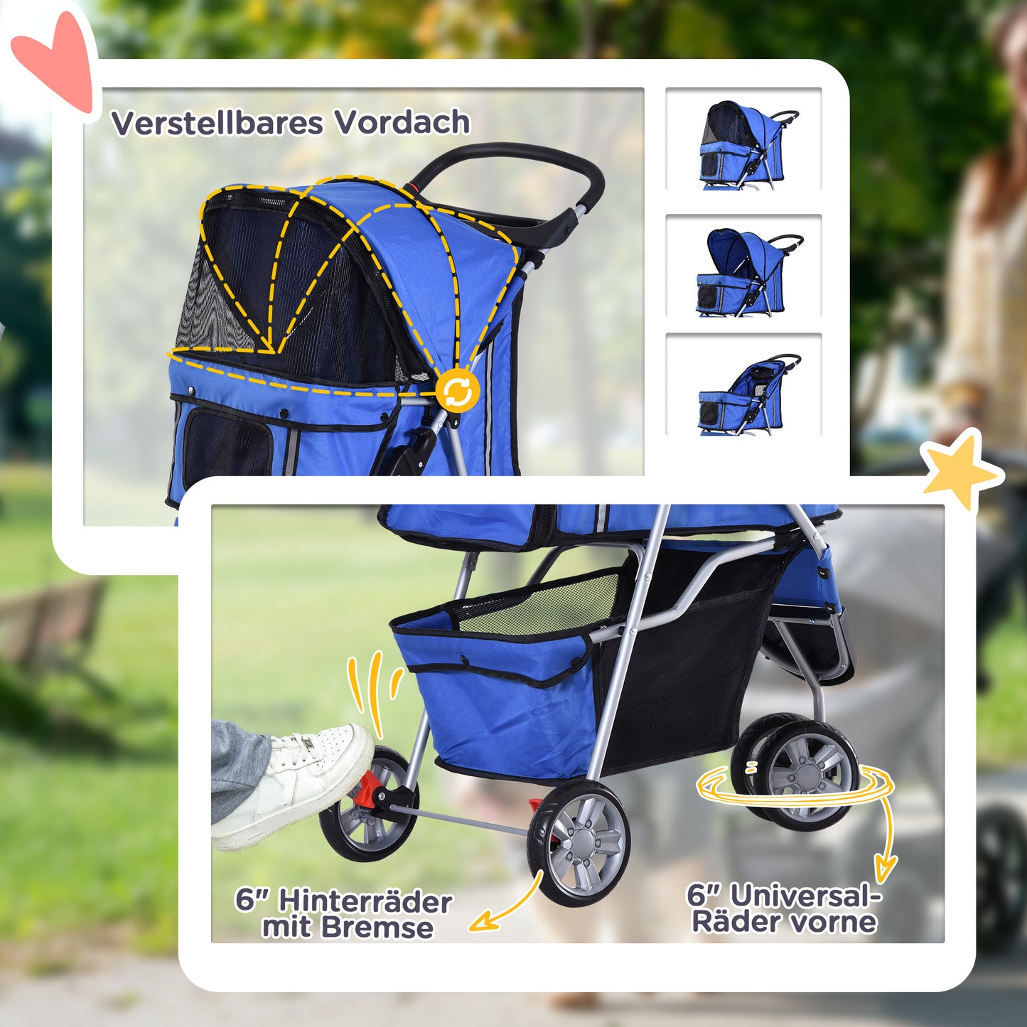 PawHut Hundewagen Hundebuggy bis 10 kg Klappbar Netzfenster Ablagekorb 2 Becherhalter Blau