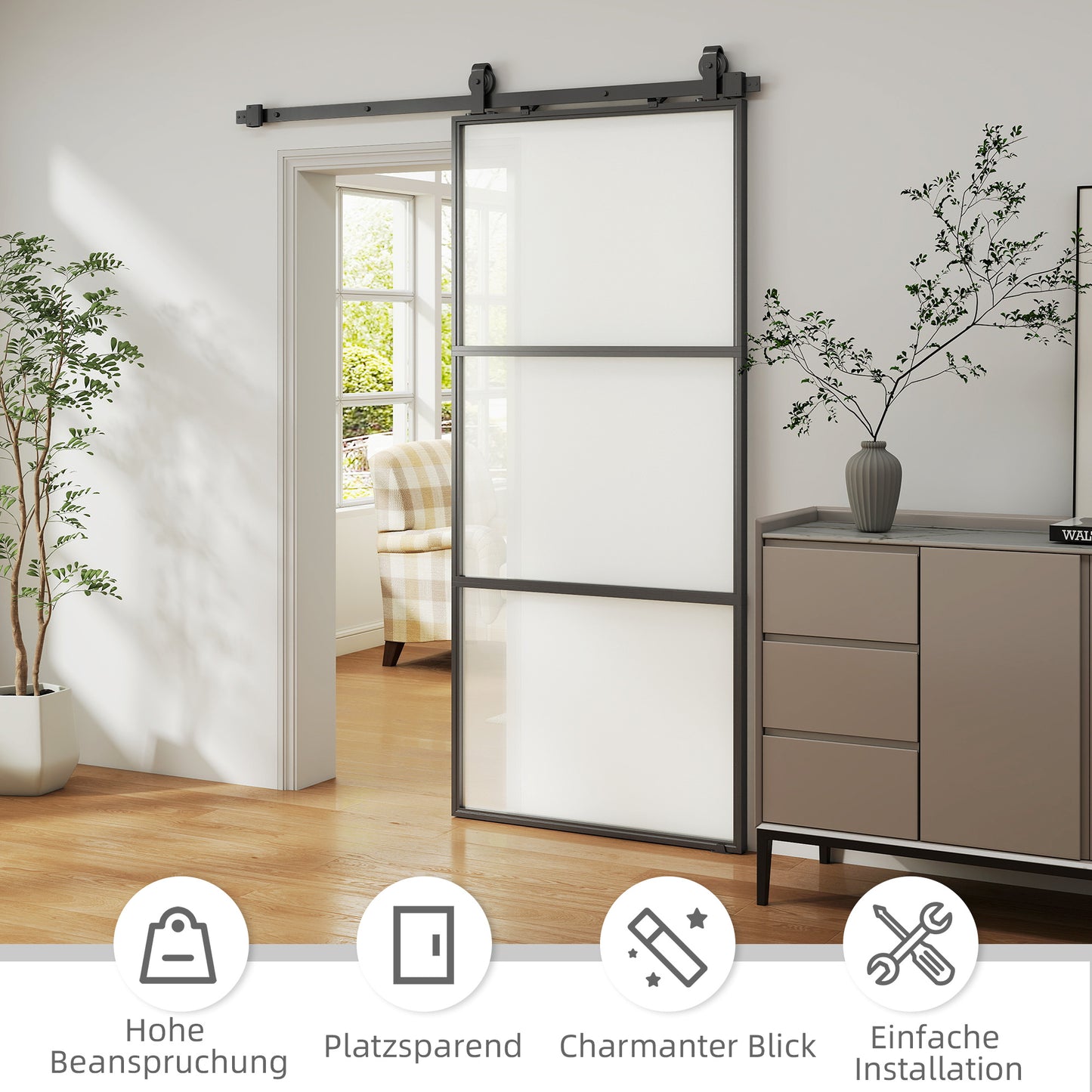 HOMCOM Schiebetür mit Milchglas, Schienensystem, Montagesatz, Soft-Close-Mechanismus, leichter Zusammenbau, Stahl, Schwarz
