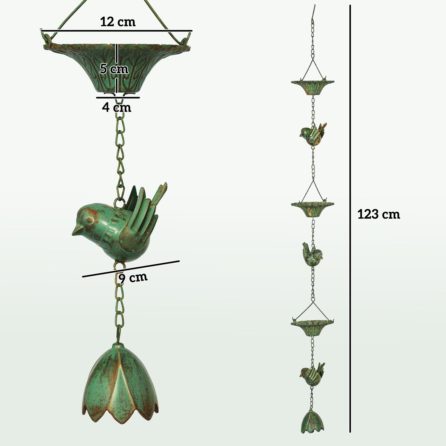 Outsunny 3er Set Regenkette 123cm Regenablaufkette aus Metall Ablaufkette mit befestigtem Aufhänger Vögeln Bell Grün