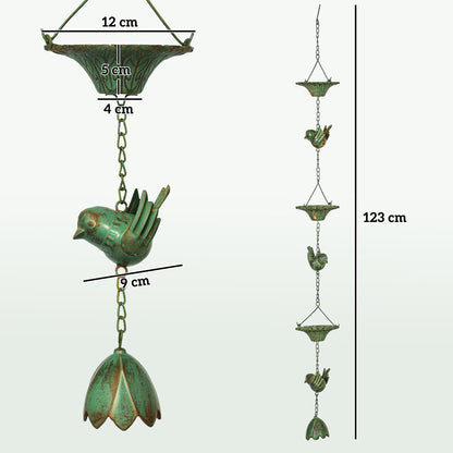 Outsunny 3er Set Regenkette 123cm Regenablaufkette aus Metall Ablaufkette mit befestigtem Aufhänger Vögeln Bell Grün