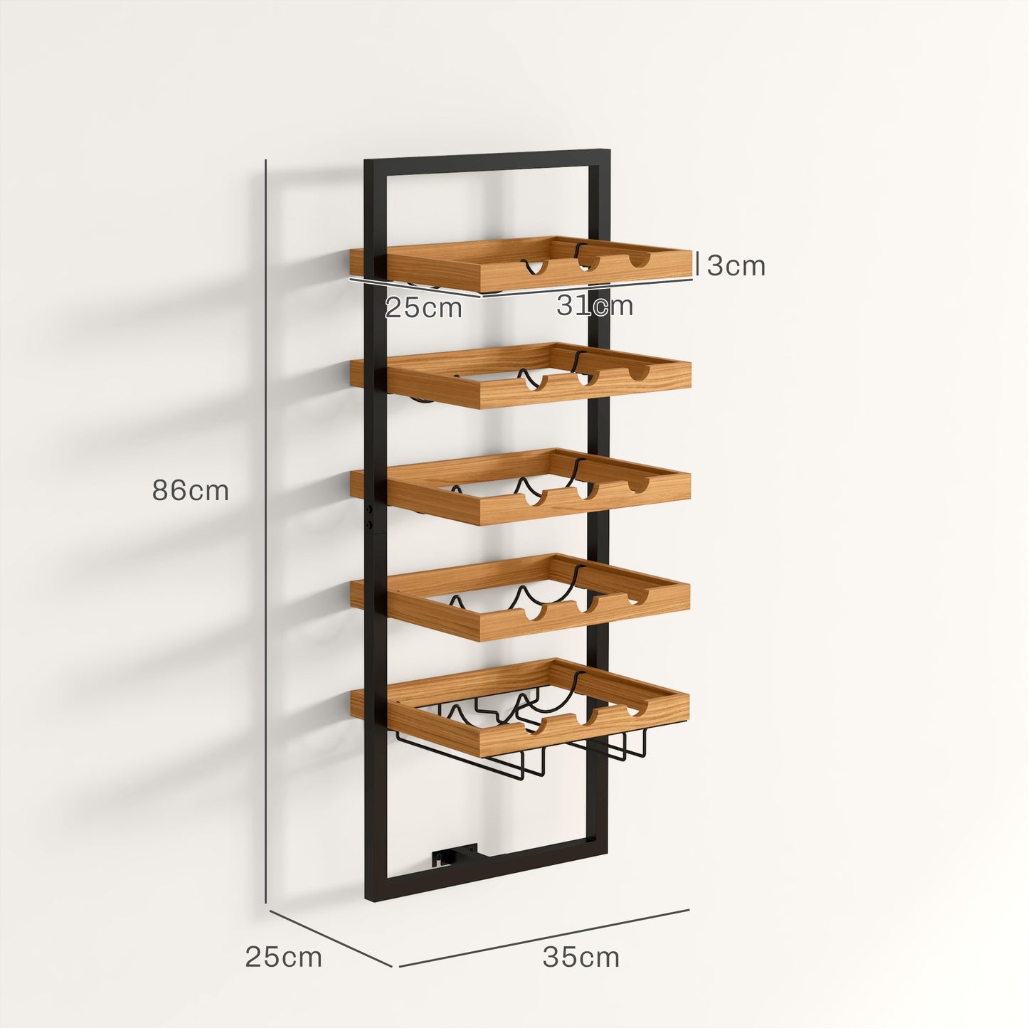 HOMCOM Wand-Weinregal, 5 Ebenen, Flaschenhalter, Gläserhalter, Kiefernholz, Stahl, Hausbar, Küche, Wohnzimmer, Braun