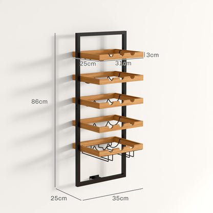 HOMCOM Wand-Weinregal, 5 Ebenen, Flaschenhalter, Gläserhalter, Kiefernholz, Stahl, Hausbar, Küche, Wohnzimmer, Braun