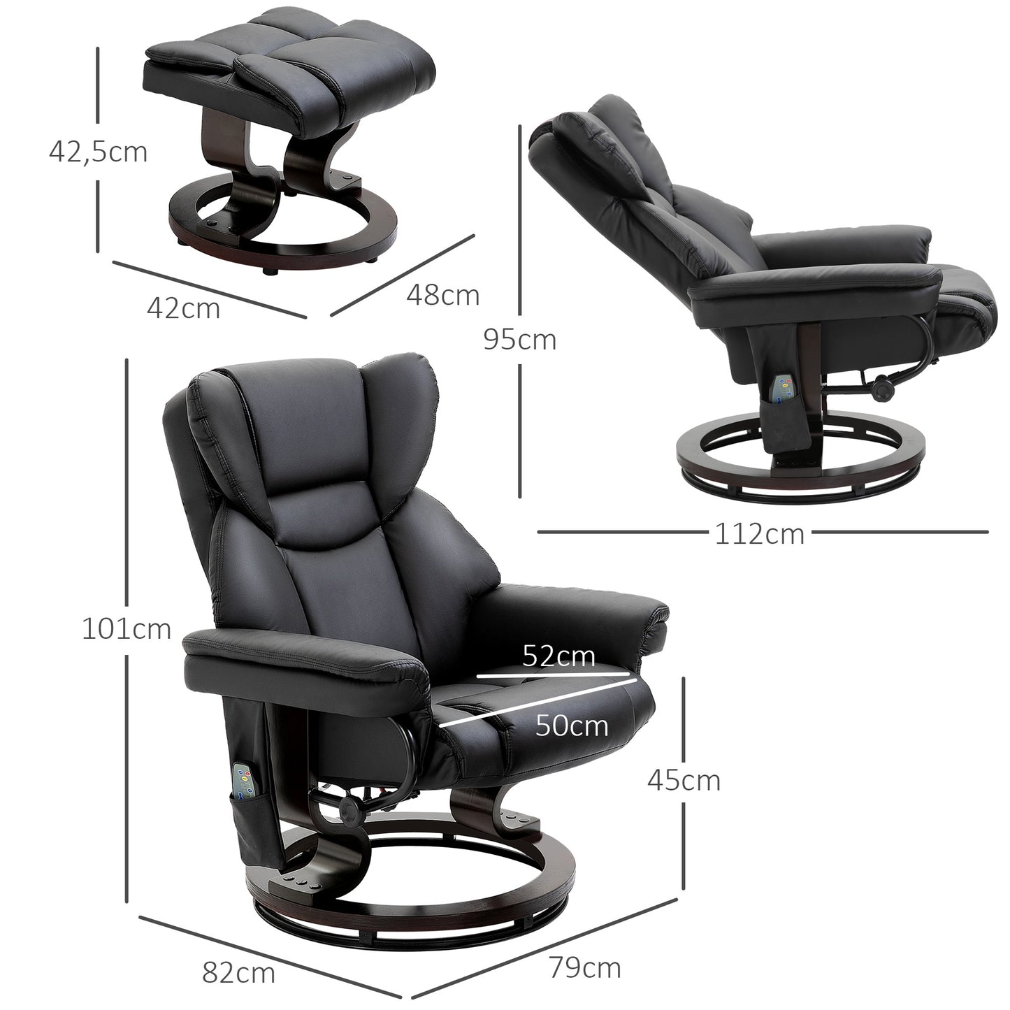 HOMCOM Relaxsessel mit Massagefunktion Fußhocker Liegefunktion Kunstleder 79 x 82 x 101 cm