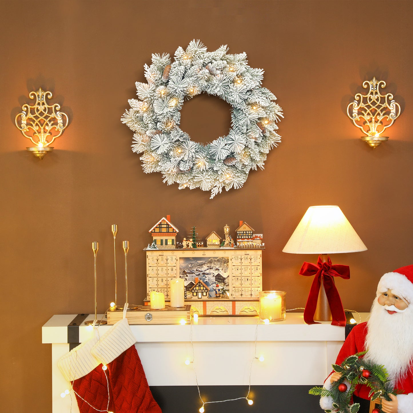 HOMCOM Tannenkranz Weihnachtskranz mit LED-Lichterkette, Tannenzapfen, Türkranz Grün+Weiß, Ø60 x 8 cm