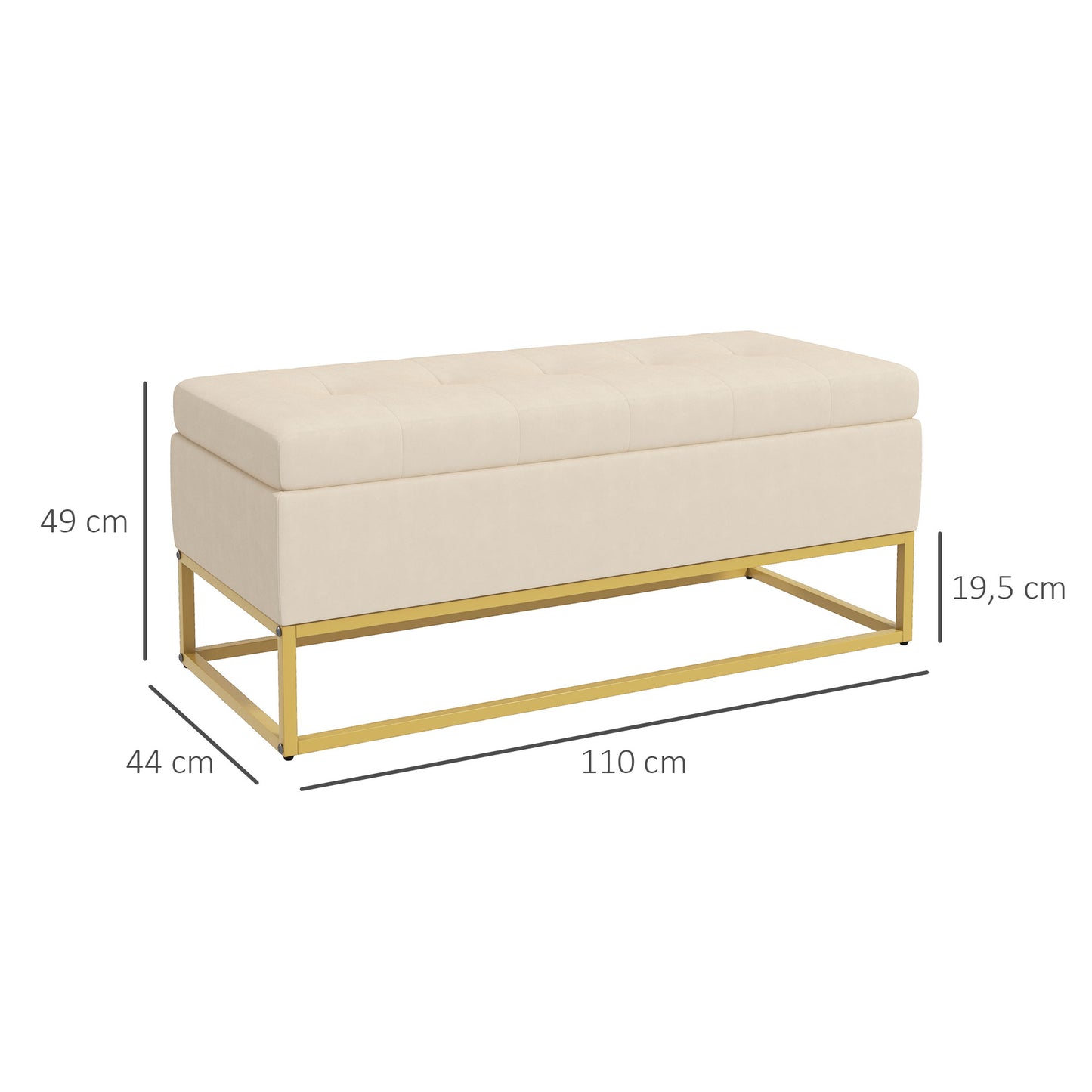 HOMCOM Sitzbank mit Stauraum, dekorative Knopfheftung, Flanelloptik, goldfarbene Stahlbeine, 110 x 47 x 46,5 cm