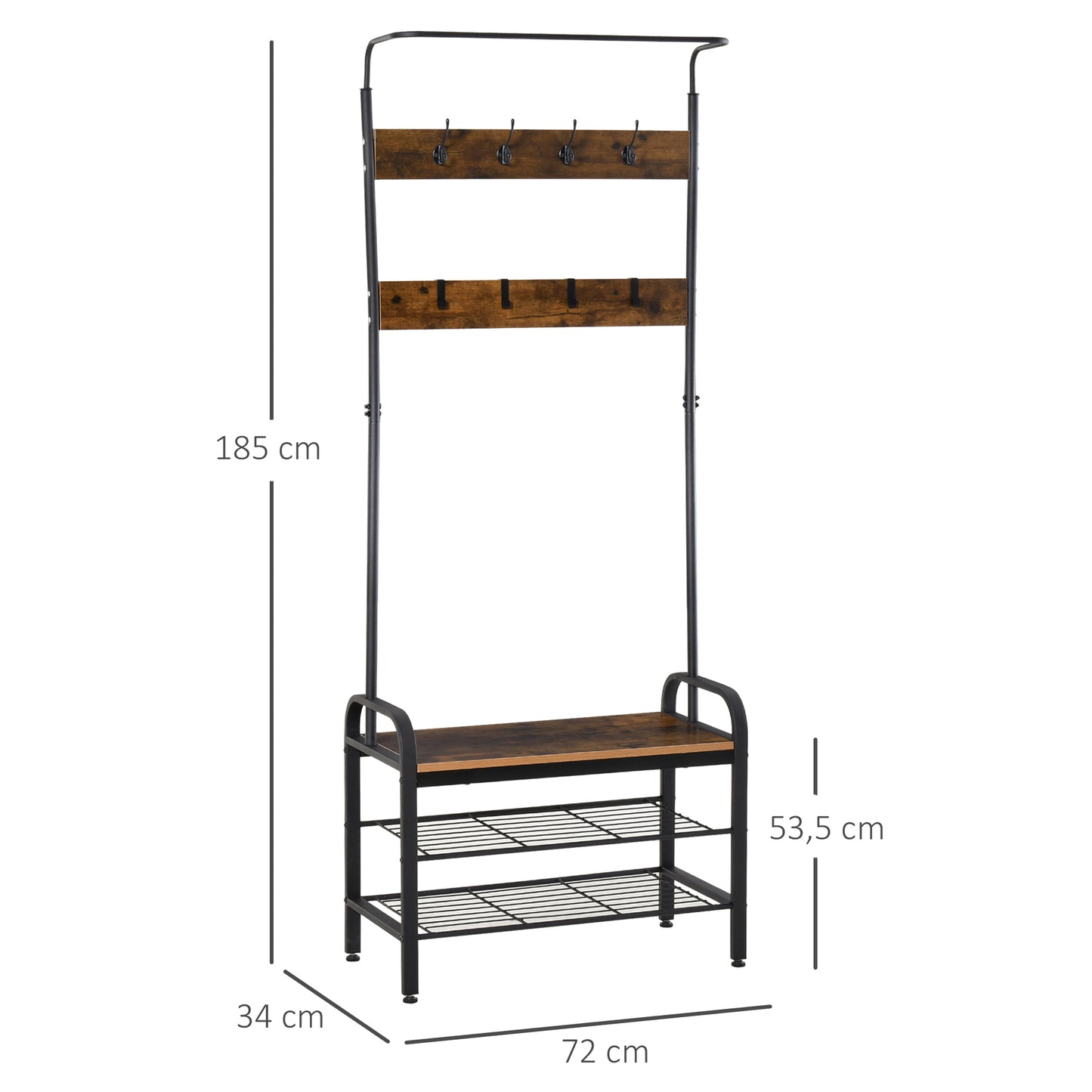 HOMCOM Garderobenständer Schuhregal Kleiderständer mit 8 Haken 2 Ablagen MDF Schwarz 72 x 34 x 185 cm