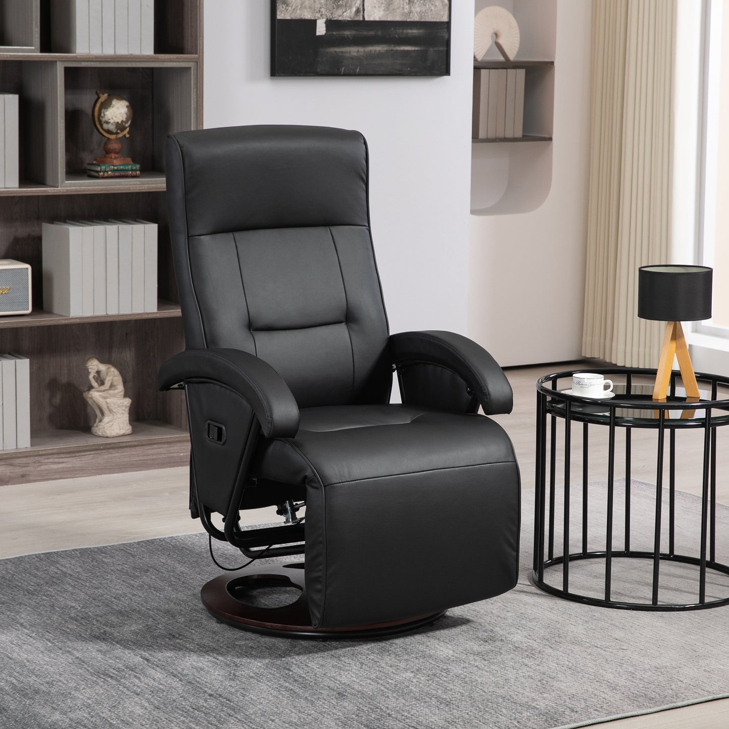 HOMCOM Drehbarer Polsterstuhl، Kunstleder، Fußstütze، Holzbasis، neigbar، Schwarz