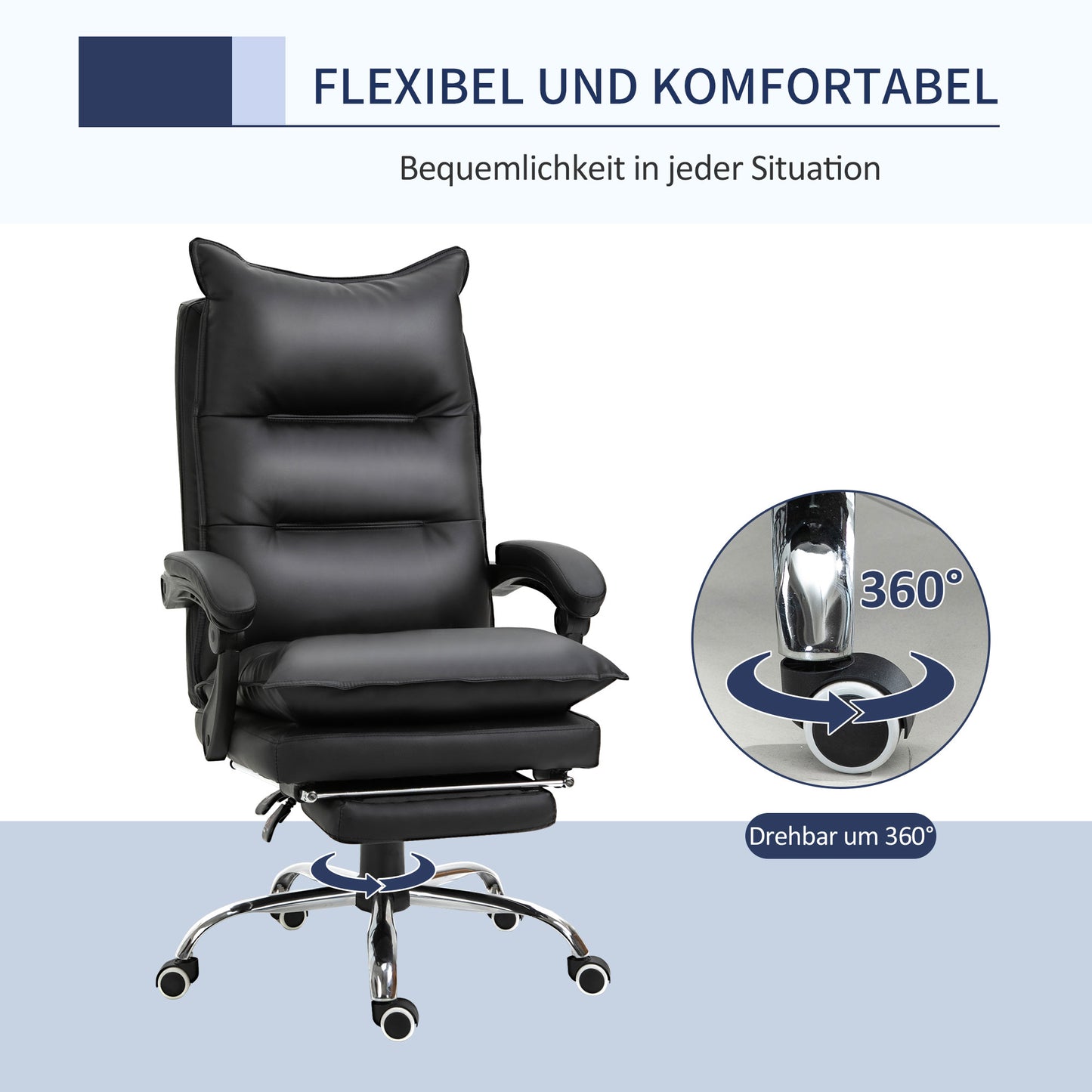 Vinsetto Bürostuhl Ergonomischer Schreibtischstuhl mit Armlehne, Fußstütze, Höhenverstellbarer Drehstuhl aus Kunstleder, Gepolstert Computerstuhl, Schwarz