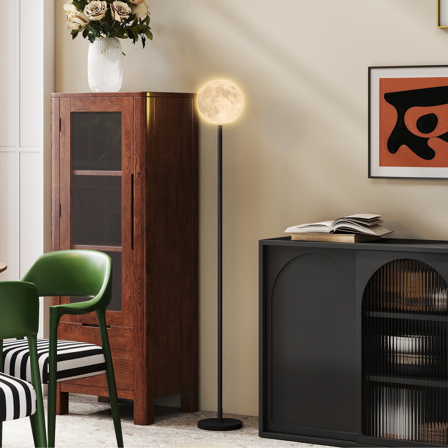 HOMCOM Stehlampe mit Schirm in Mondoptik, Fußschalter, 3 Farbtemperaturen, Metall, Schwarz