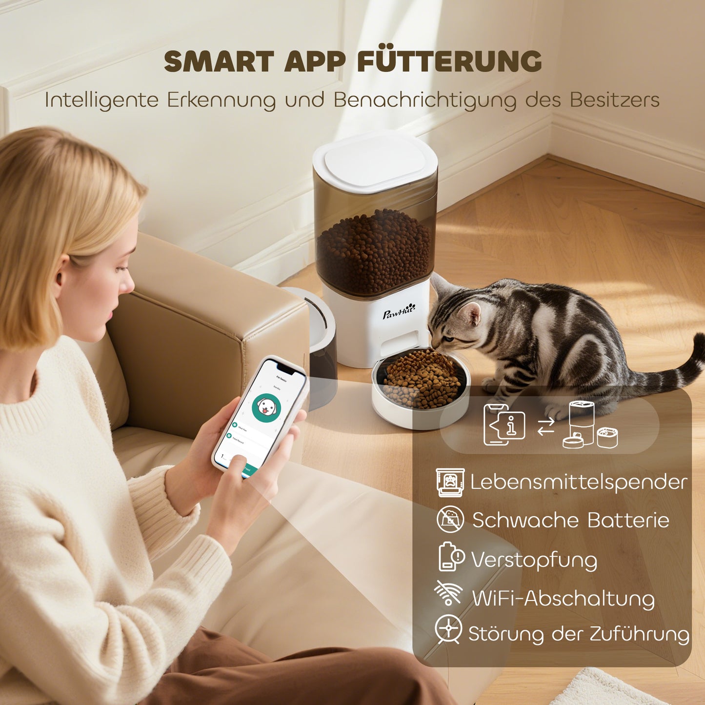 PawHut Automatischer Futterspender und 2,5 L Wasserspender für kleine Hunde, Katzen Weiß