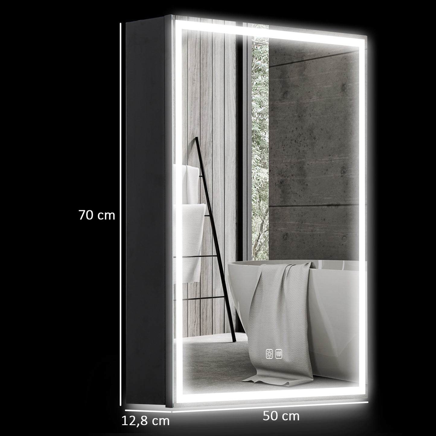 HOMCOM Spiegelschrank, Badschrank mit LED, 50 x 70 cm, dimmbar, Anti-Beschlag, Schwarz