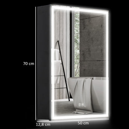 HOMCOM Spiegelschrank, Badschrank mit LED, 50 x 70 cm, dimmbar, Anti-Beschlag, Schwarz