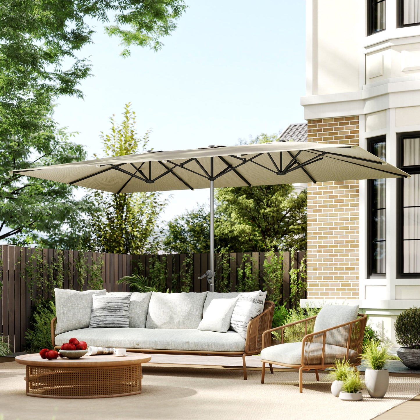 Outsunny Doppelseitiger Schirm، 451 × 264 سم Sonnenschirm mit Kurbelsystem، 12 Metallstreben، Aluminiummast، Cremeweiß
