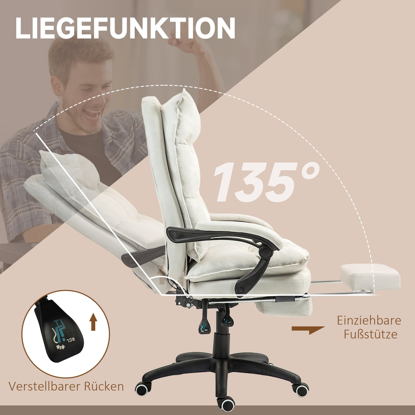 Vinsetto Massage-Bürostuhl, Schreibtischsessel mit Massagefunktion, höhenverstellbarer, ergonomischer Drehstuhl, Nylon, Cremeweiß