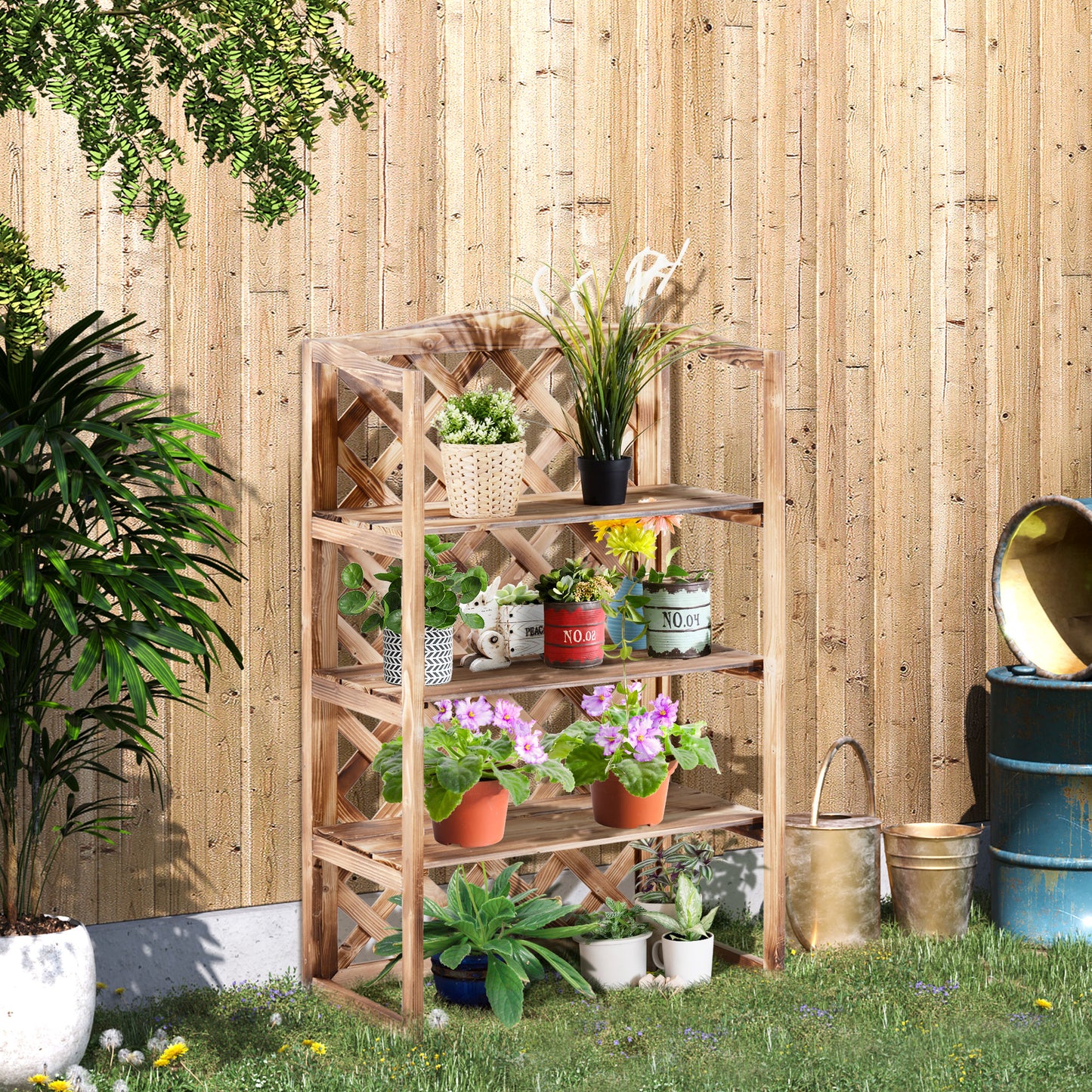 Outsunny Blumenständer Blumenregal Pflanzregal Blumenbank 3 Etagen Tannenholz (Modell8)