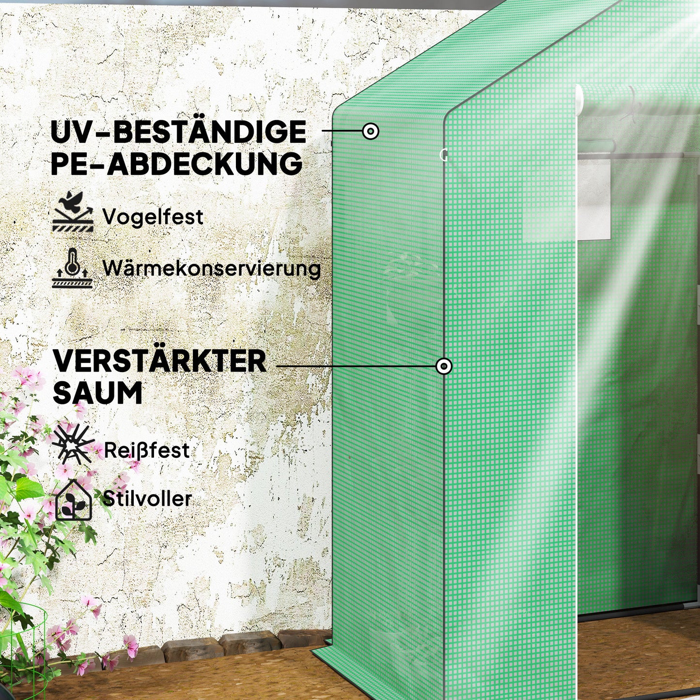 Outsunny Gewächshaus mit Regalen, Mini-Treibhaus, UV-beständig, Netzfenster, Reißverschlusstür, 143L x 74B x 190H cm, Grün