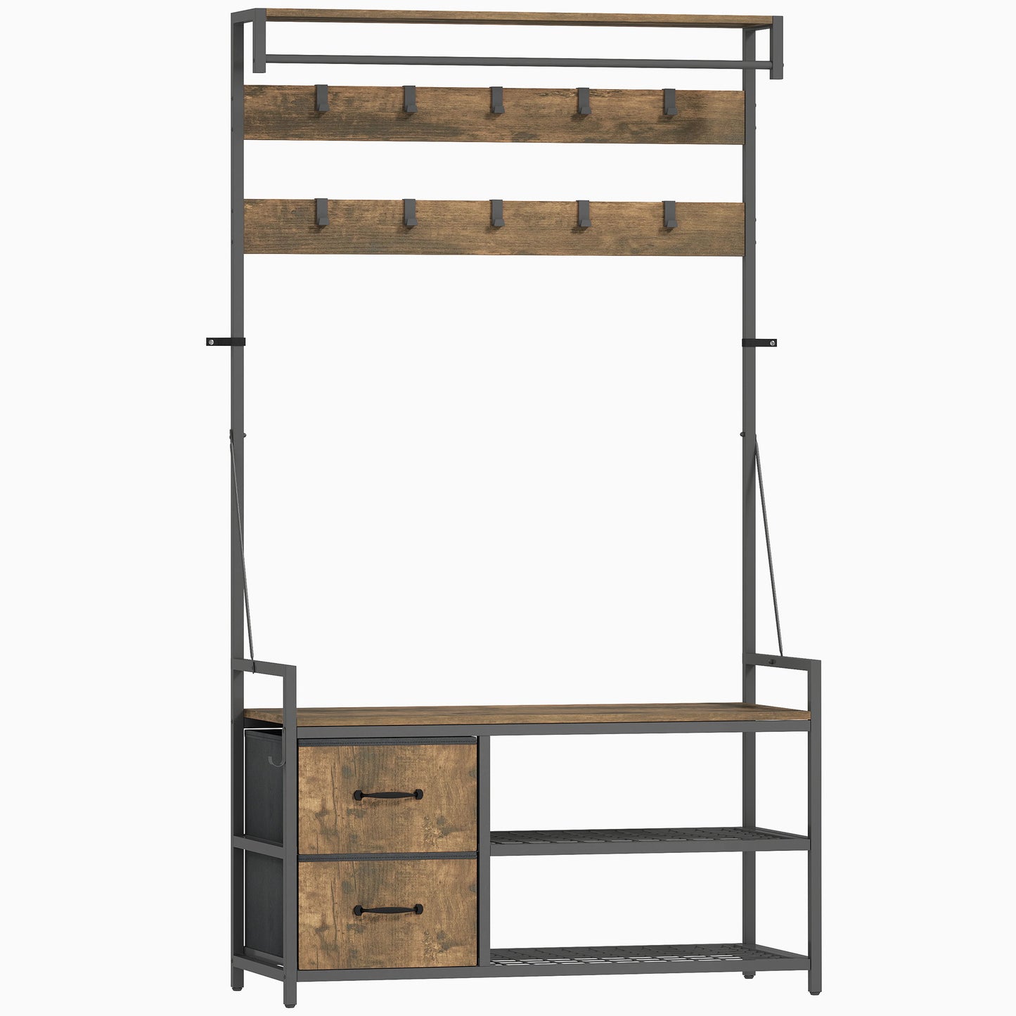 HOMCOM 6-in-1 Garderobenständer mit Sitzbank und Schuhregal, Industrie-Stil, 10 Haken, 2 Stoffschubladen, Metall, Braun