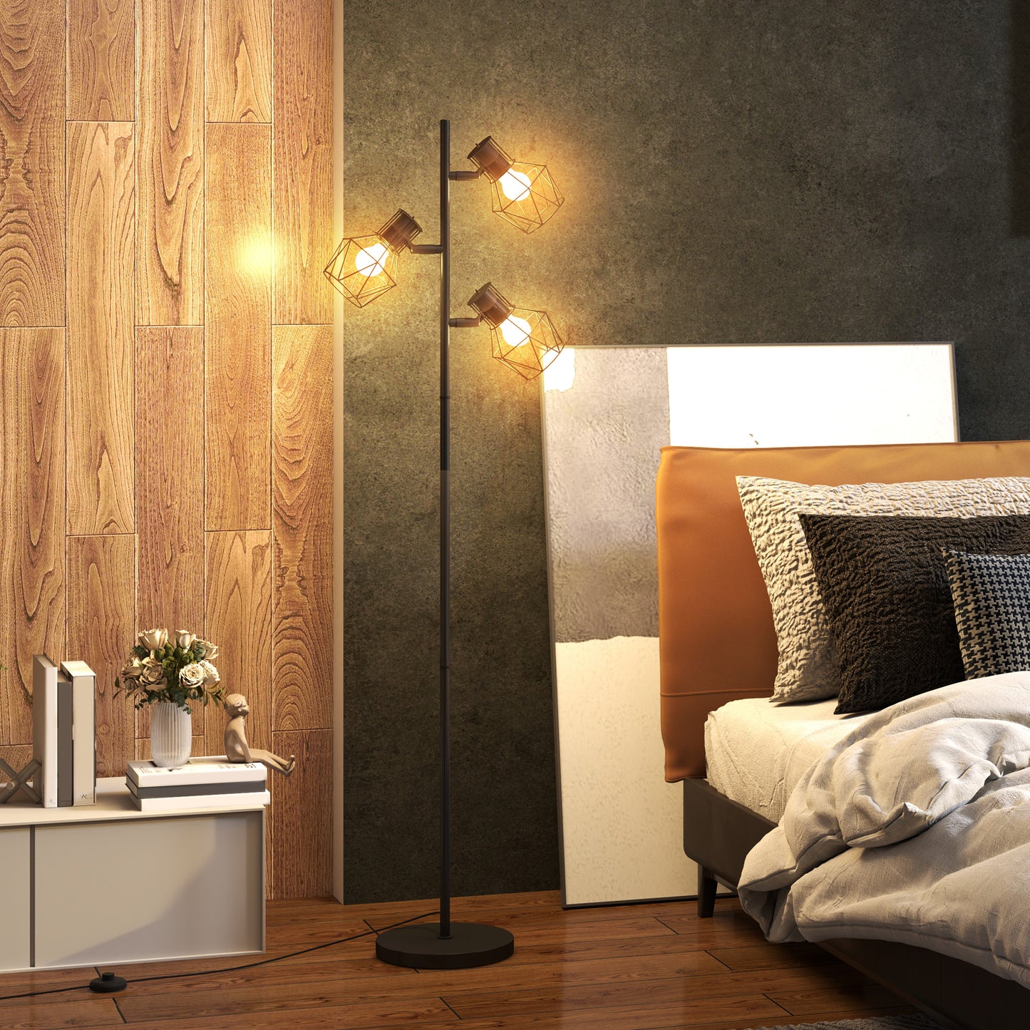 HOMCOM 3-Licht-Stehlampe mit flexiblen Leuchtelementen, baumähnliche Struktur, für Wohnzimmer und Schlafzimmer, Metall, Schwarz