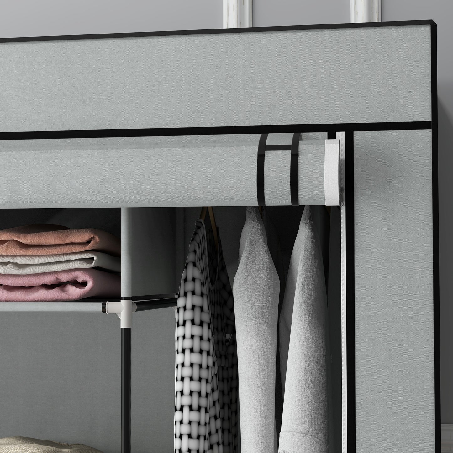 HOMCOM Kleiderschrank Stoffschrank, Türen, 2 Kleiderstangen, 10 Fächer, Grau