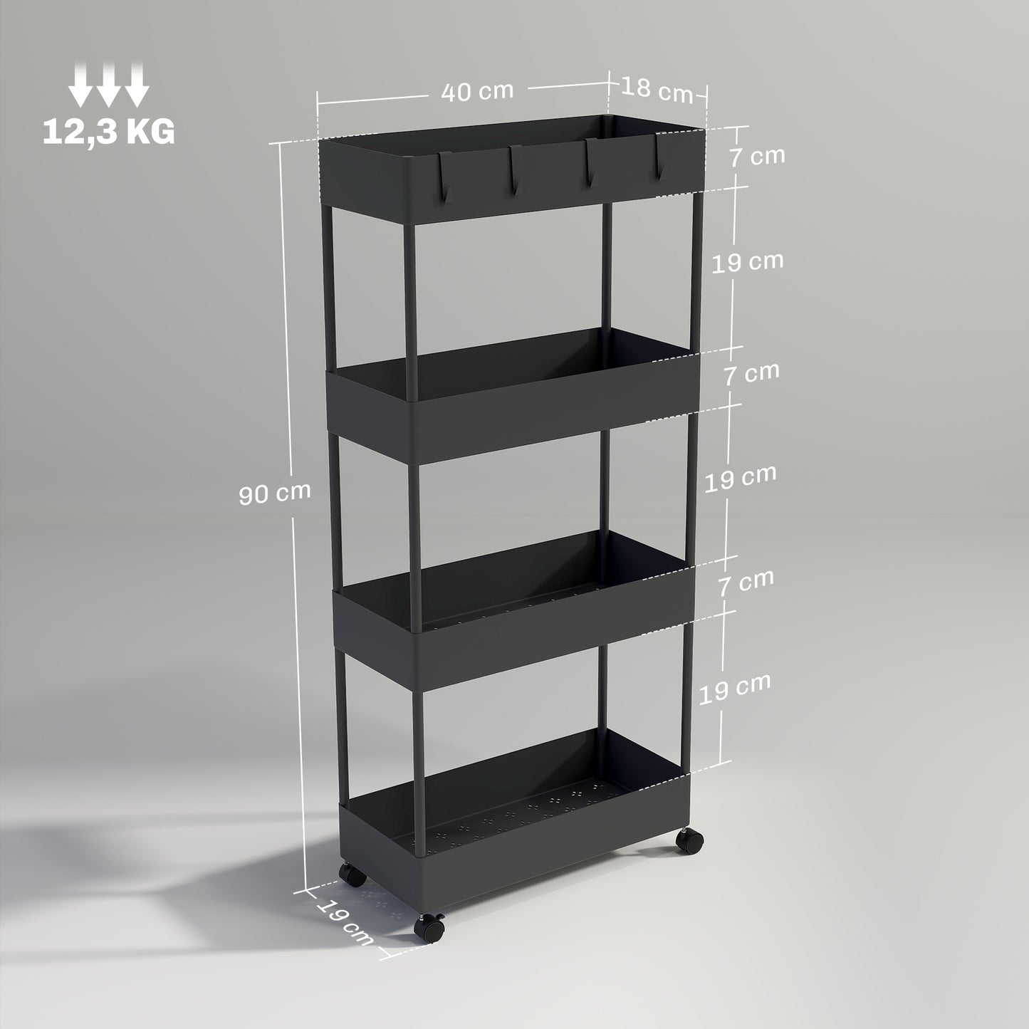 HOMCOM Küchenwagen mit 4 Regalen, 4 flexiblen Haken, 4 Rollen, 40 cm x 19 cm x 90 cm, Nischenwagen, Schwarz