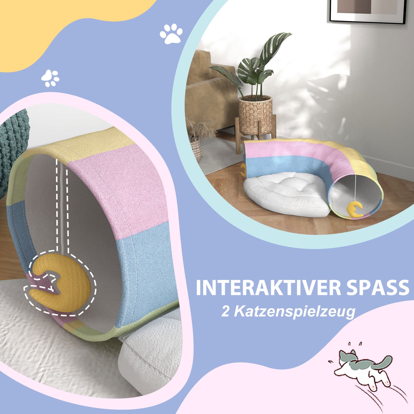 PawHut Katzentunnel Katzenspielzeug, 2 Spielzeuge, 1 Liegepolster, verspieltes Design, 105 cm x 65 cm x 28 cm, Mehrfarbig