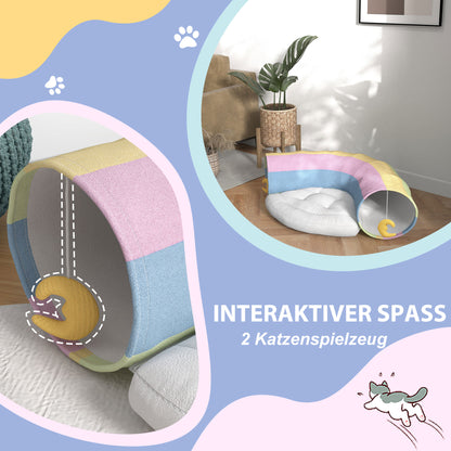 PawHut Katzentunnel Katzenspielzeug, 2 Spielzeuge, 1 Liegepolster, verspieltes Design, 105 cm x 65 cm x 28 cm, Mehrfarbig