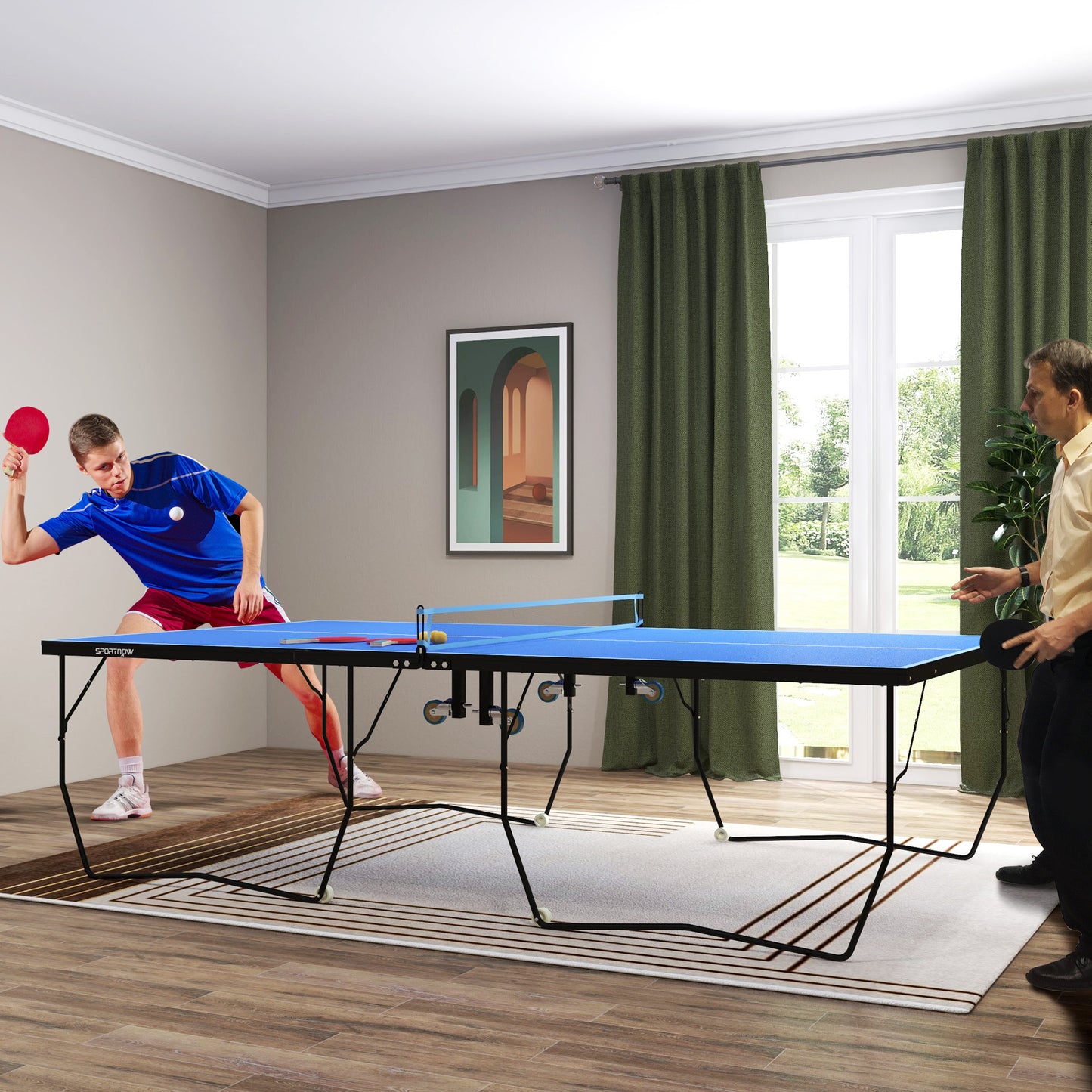 SPORTNOW Tischtennisplatte, klappbar, 8 Räder, pulverbeschichteter Stahlrahmen, MDF, 274 x 152,5 x 76 cm, Blau