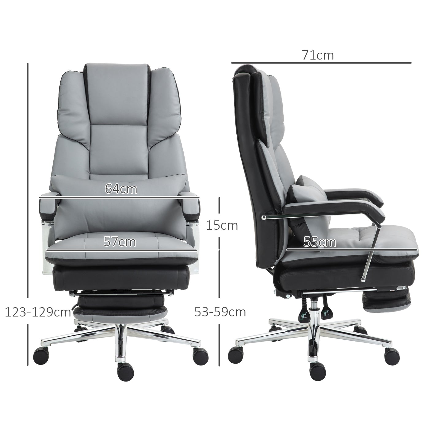 HOMCOM Bürostuhl, ergonomisch, verstellbar, 63x71x123-129cm, Hellgrau/Schwarz