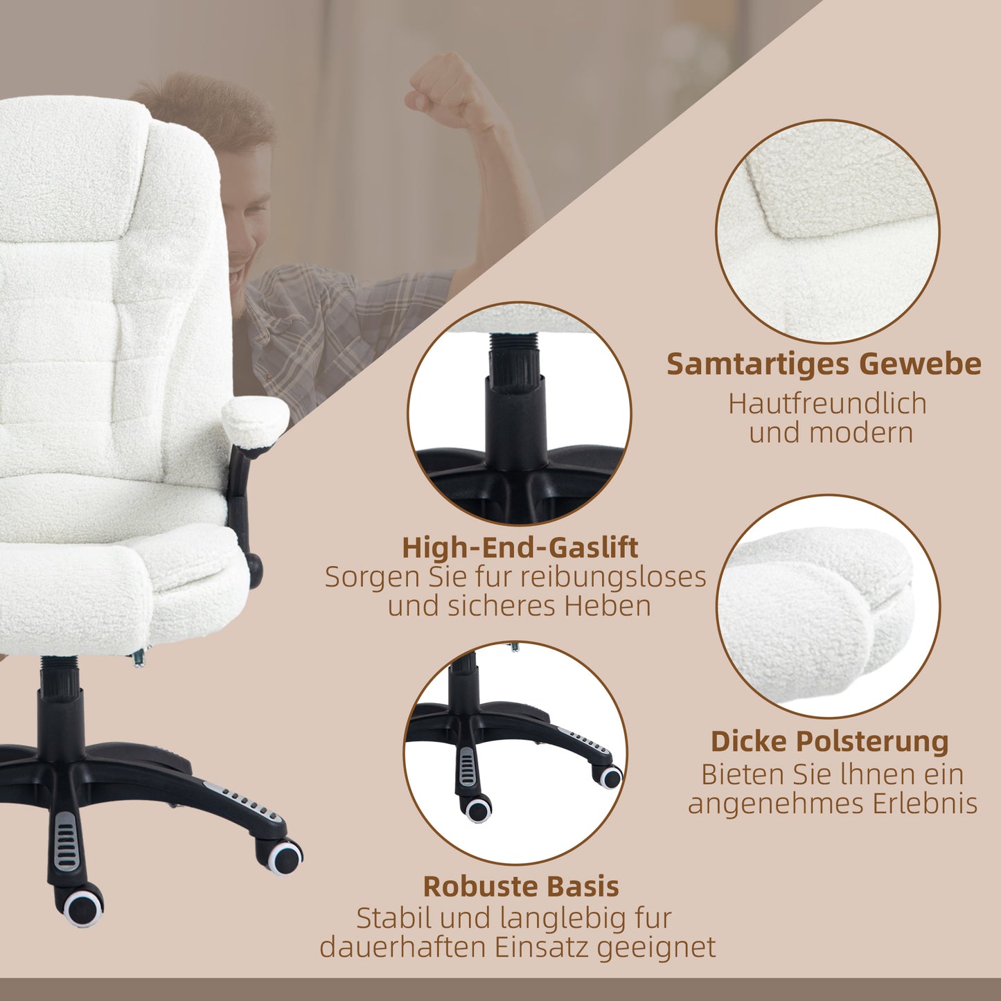 Vinsetto Bürosessel Massagefunktion Massagebürostuhl, Massagefunktion, höhenverstellbar, 67 x 74 x 107-116 cm, Weiß