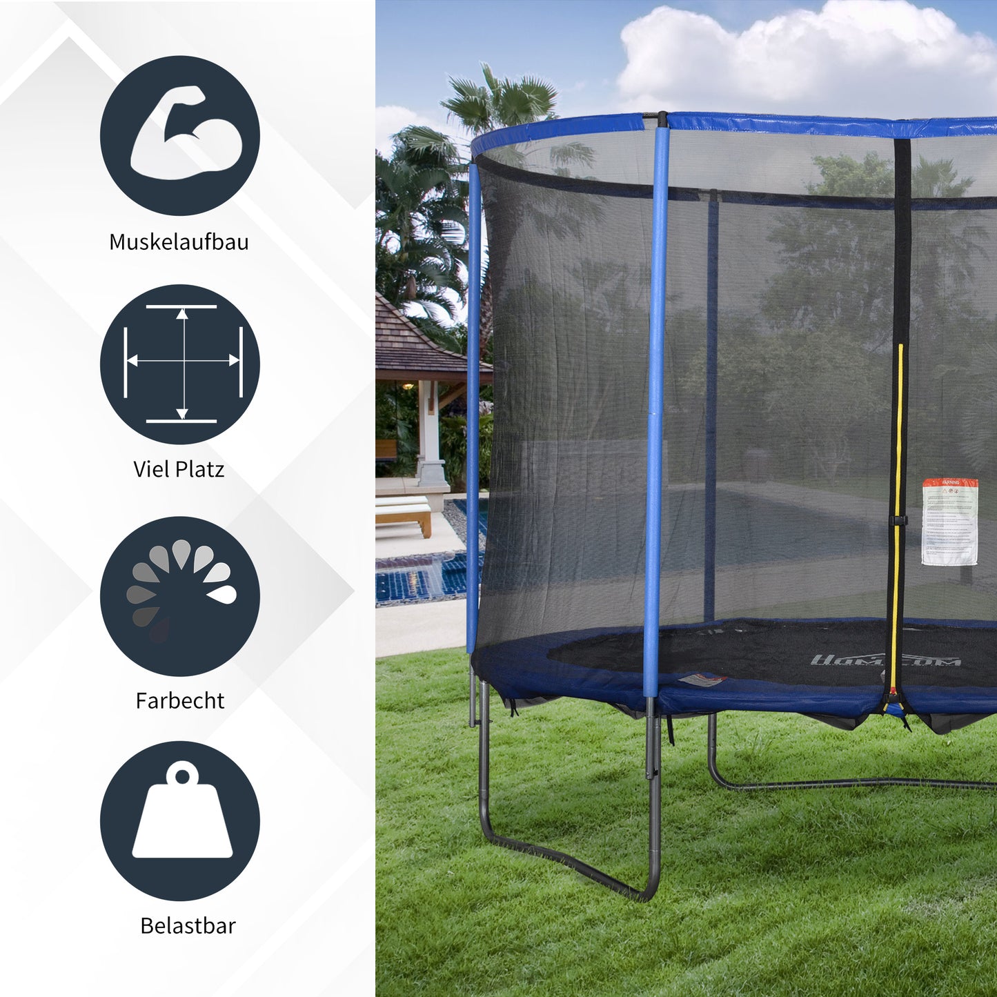 HOMCOM Trampolin mit Sicherheitsnetz Gartentrampolin für Innen- und Außenbereich Fitnesstrampolin für Jugendliche und Erwachsene Stahl Blau+Schwarz bis 113,6 kg Ø305 x 248H cm