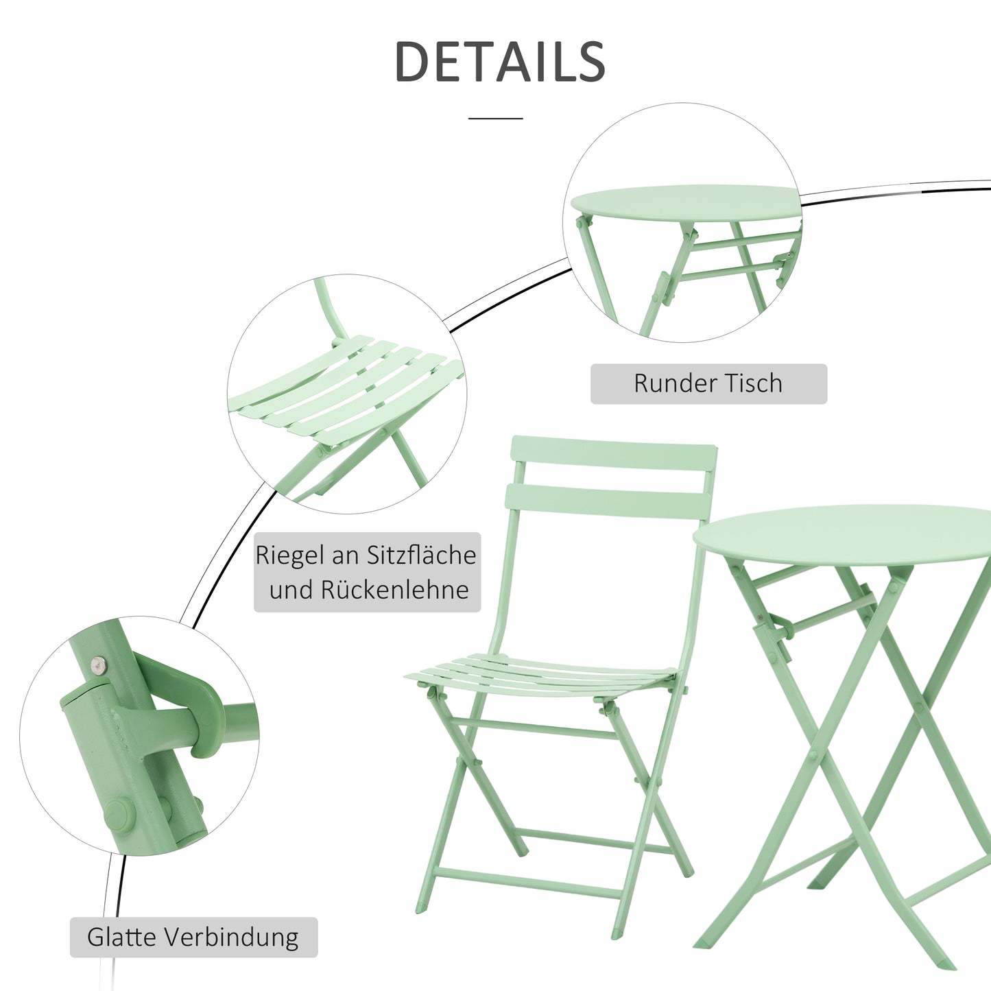Outsunny Gartenset für 2 Personen Garnitur Balkonmöbel Set Bistrotisch mit 2 Stühlen für Hof Garten klappbar Grün