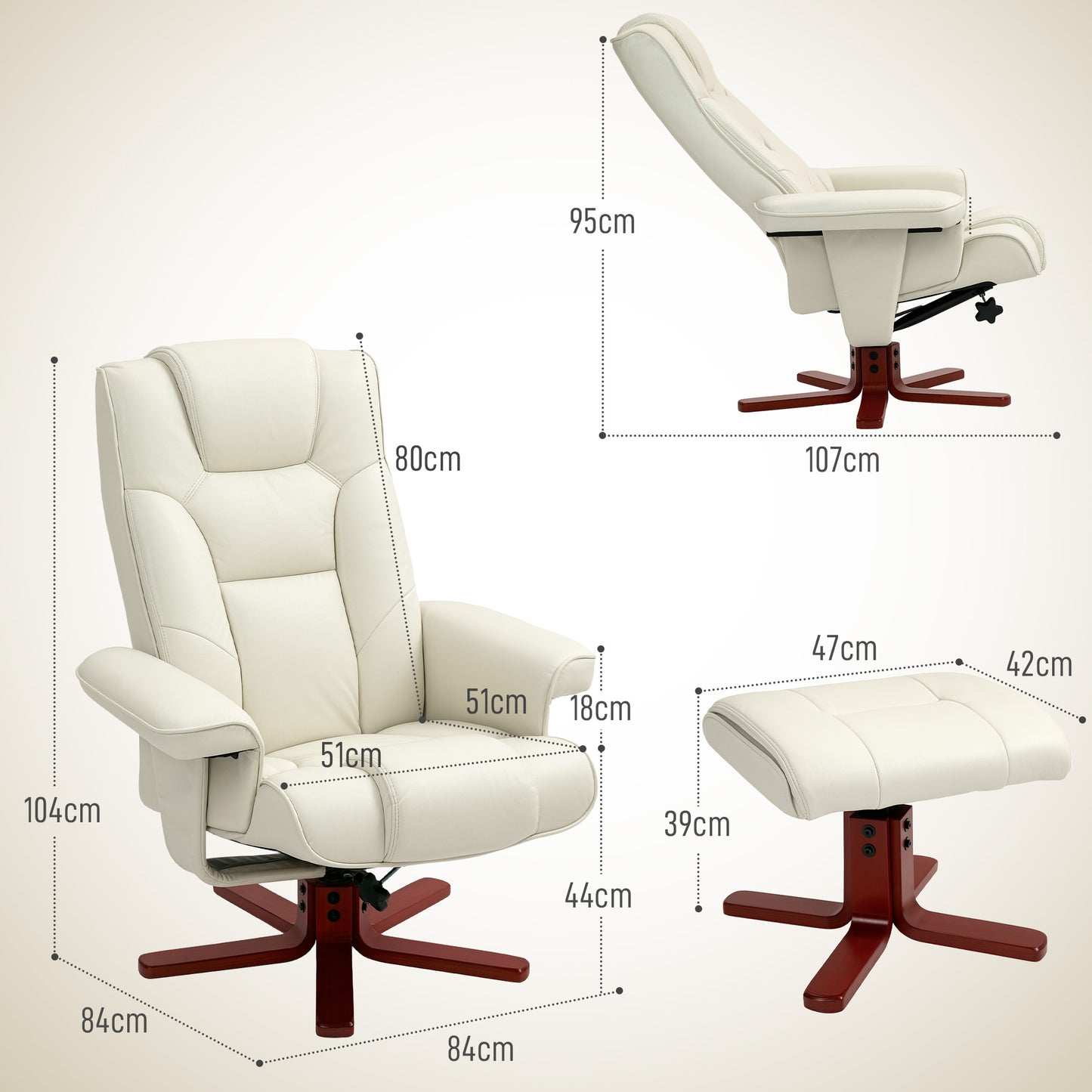 HOMCOM Relaxsessel mit Hocker, Lederoptik, neigbare Lehne, bis 150 kg, Cremeweiß