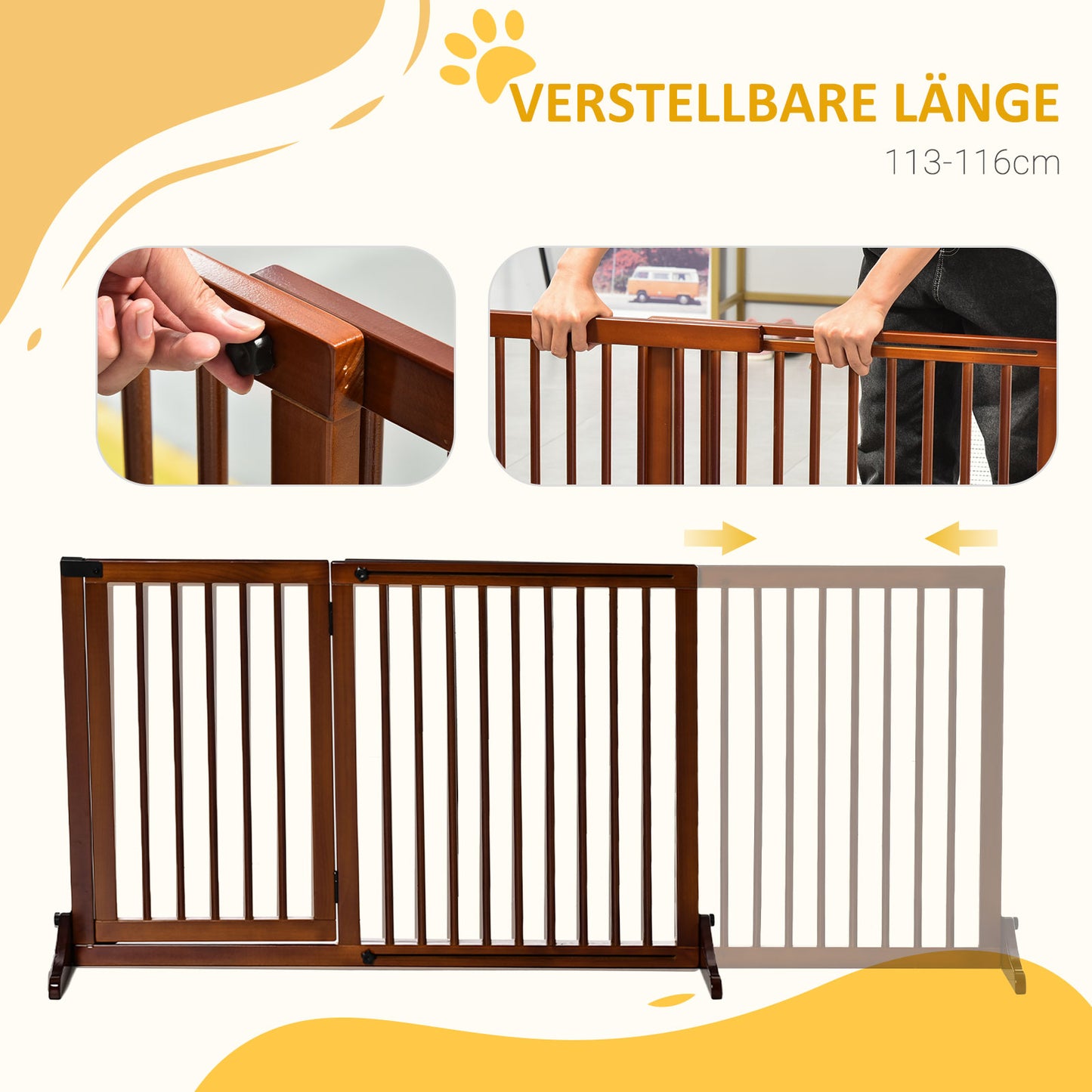 PawHut Absperrgitter Hunde Türschutzgitter Schutzgitter aus Holz Freistehendes Hundegitter mit Tür Hundeabsperrgitter Configurationsgitter for Kamin &amp; Ofen Braun 113-166 x 36 x 71 سم