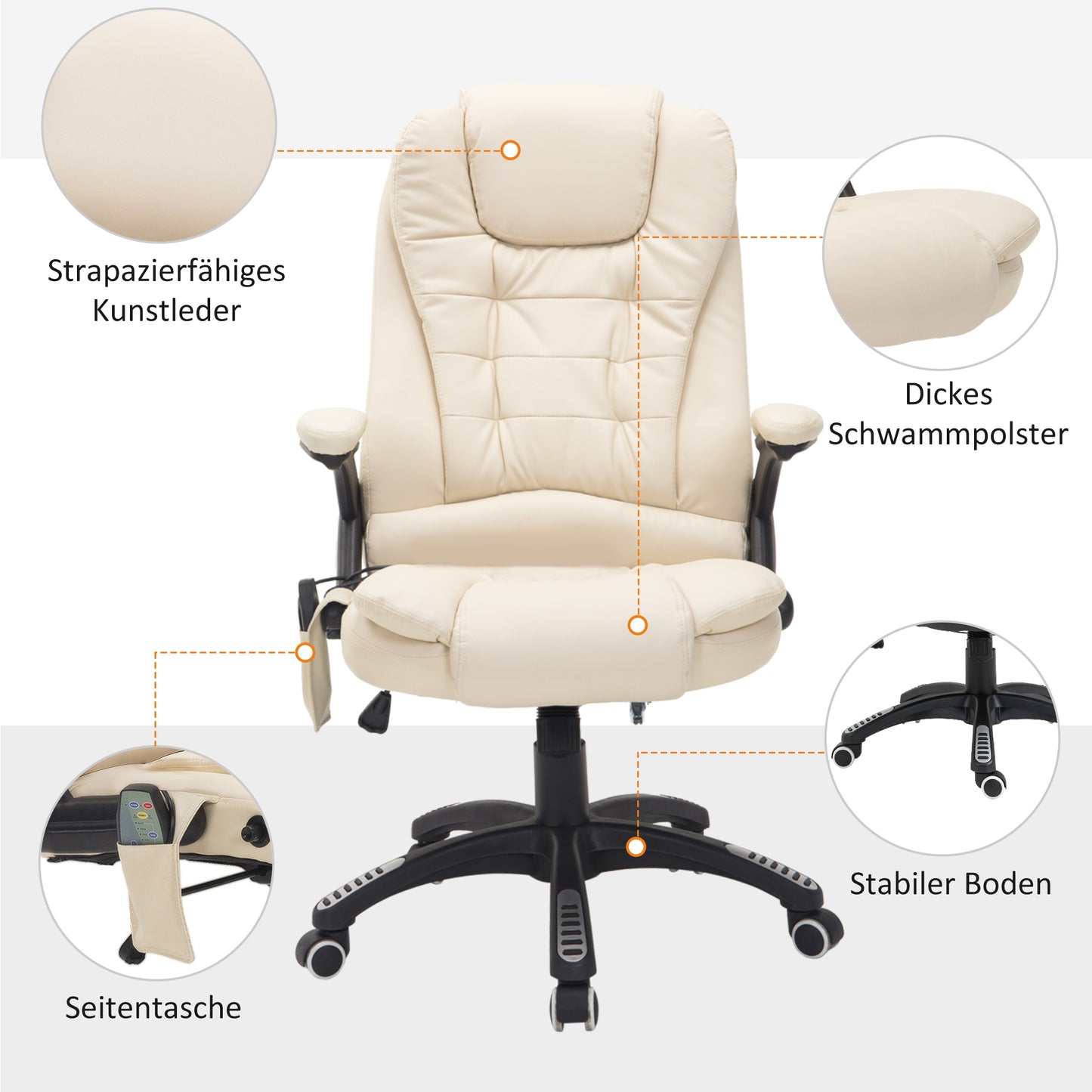 HOMCOM Bürostuhl mit Massagefunktion, Wärmefunktion, höhenverstellbar, Kippfunktion, Massage-Bürostuhl, Cremeweiß + Schwarz