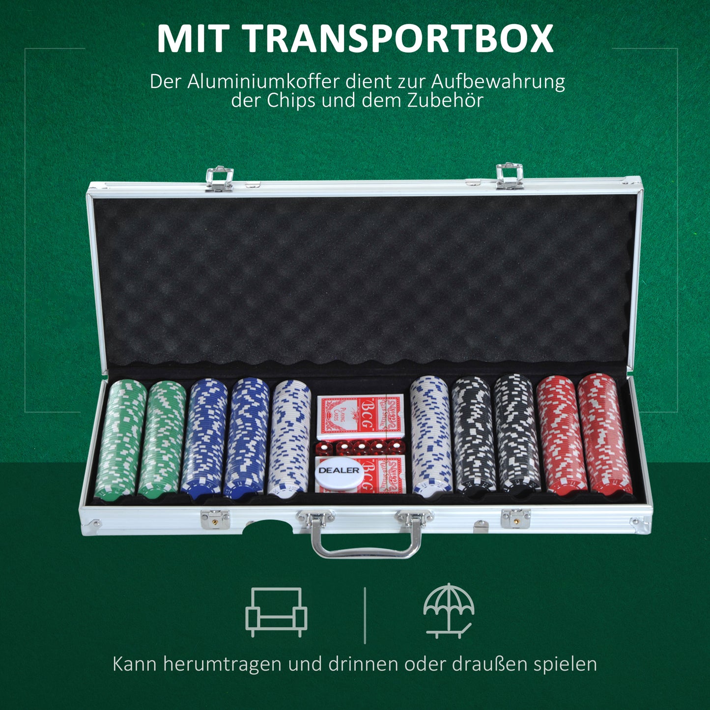 HOMCOM Pokerset, 500 Chips, 2 Kartendecks, 5 Würfel, Aluminium-Koffer, verschließbar