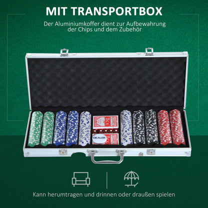 HOMCOM Pokerset, 500 Chips, 2 Kartendecks, 5 Würfel, Aluminium-Koffer, verschließbar