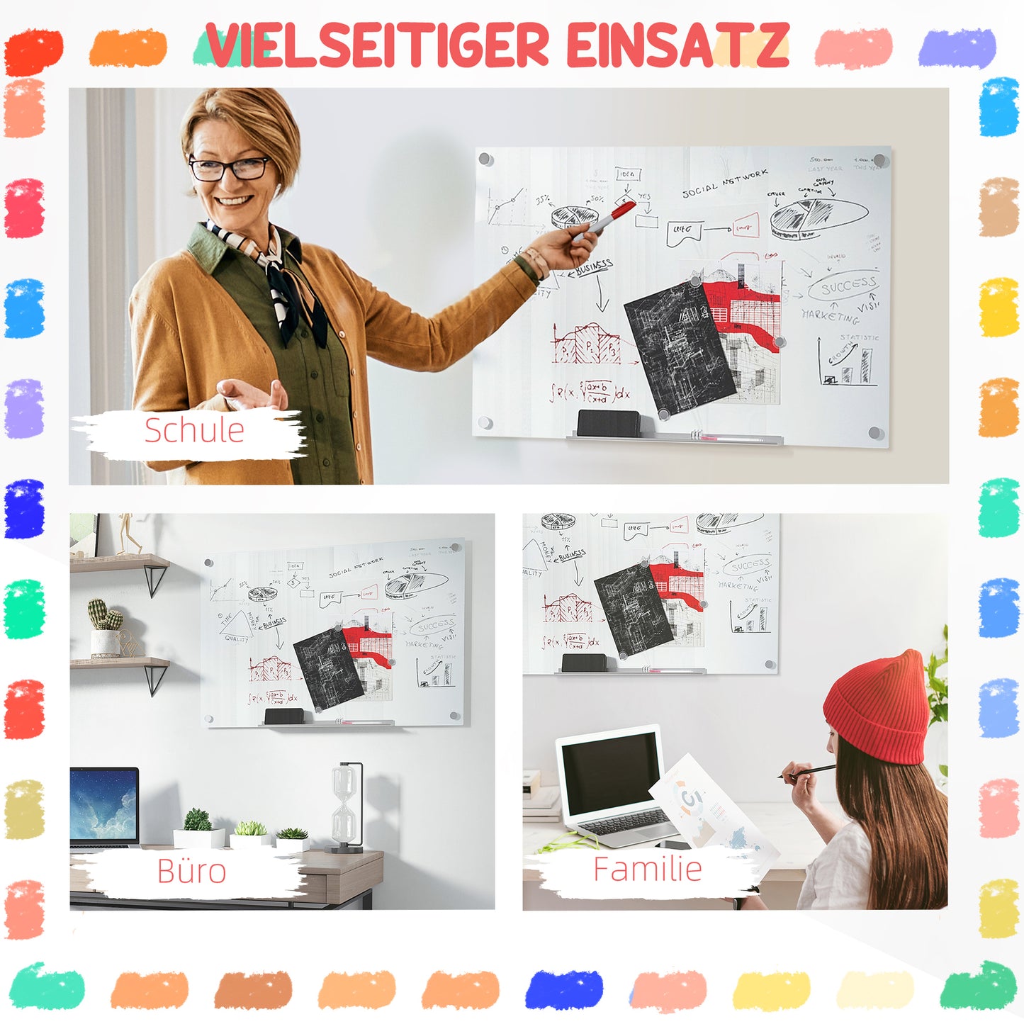 Vinsetto Glas Whiteboard, Memoboard, Whiteboard, 4 Stifte, 6 Magnete, 1 Schwamm,1 Ablage, Weiß