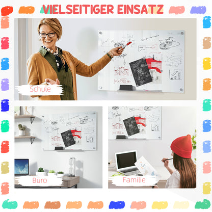 Vinsetto Glas Whiteboard, Memoboard, Whiteboard, 4 Stifte, 6 Magnete, 1 Schwamm,1 Ablage, Weiß