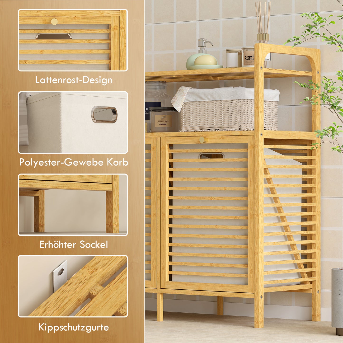 HOMCOM Wäscheregal mit 2 Wäschekörben, freistehendes Bambusregal für Badezimmer, Waschküche, Naturholz+Cremeweiß