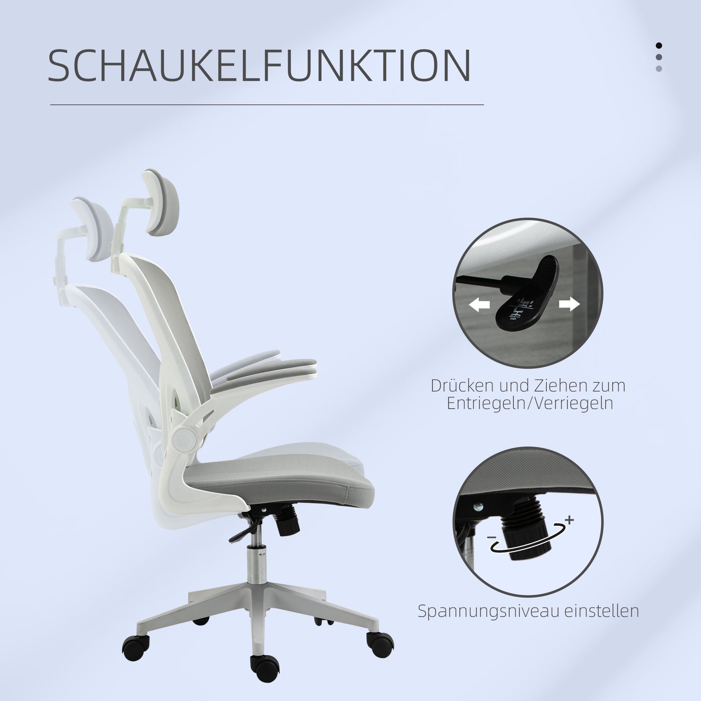 Vinsetto Bürostuhl ergonomischer Shreibtischstuhl mit Wippfunktion hoher Rückenlehne Lendenwirbelstütze Kopfstütze hochklappbarem Arm Home-Office Grau 65 x 64 x 114-122 cm